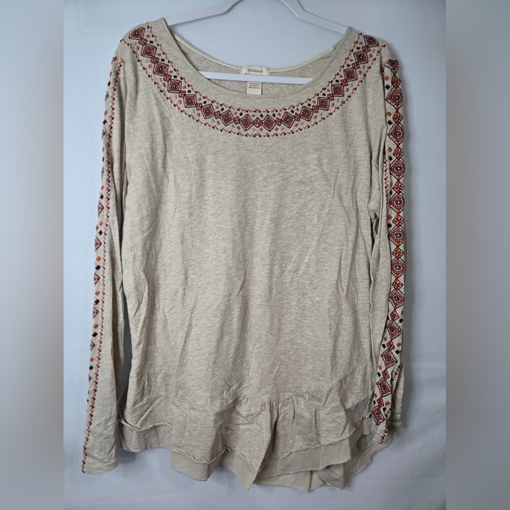 Sundance Beige Blouse with Red Embroidery Size Large Ruffle Bottom